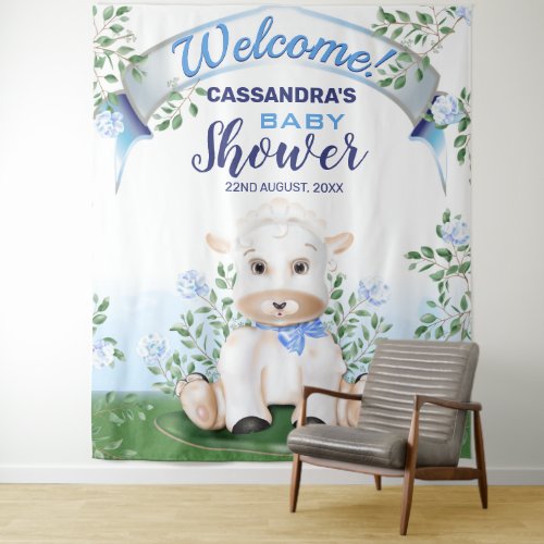 Lamb Blue Floral Baby Shower Backdrop