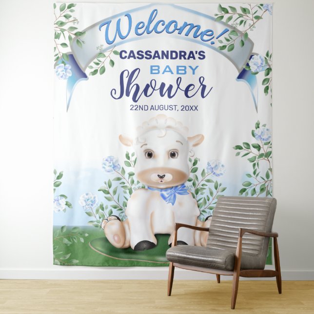 Lamb Blue Floral Baby Shower Backdrop (In Situ)