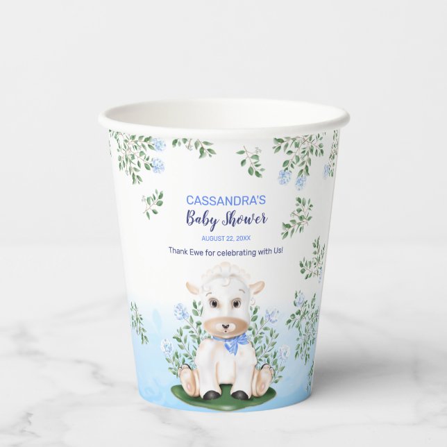 Lamb Blue Floral Baby Shower  Paper Cups (Back)