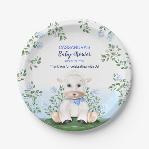 Lamb Blue Floral Baby Shower Paper Plates