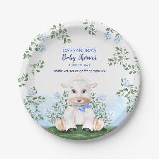 Lamb Blue Floral Baby Shower Paper Plates (Front)