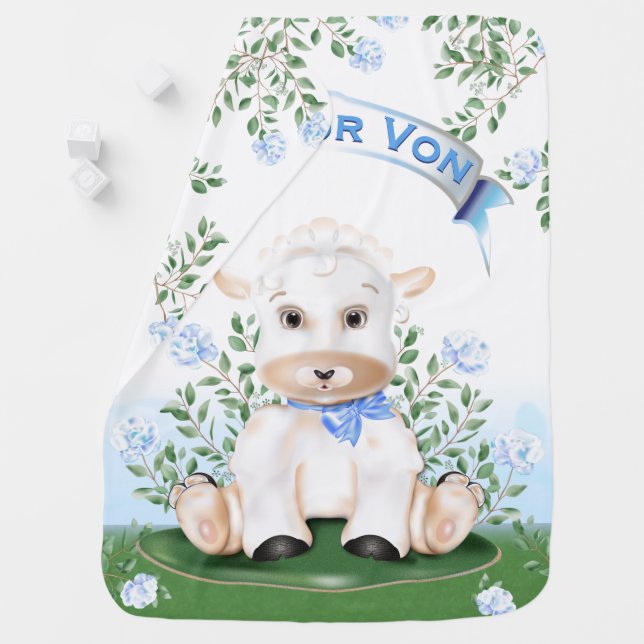 Lamb Blue Floral Boy Baby Blanket (In Situ)