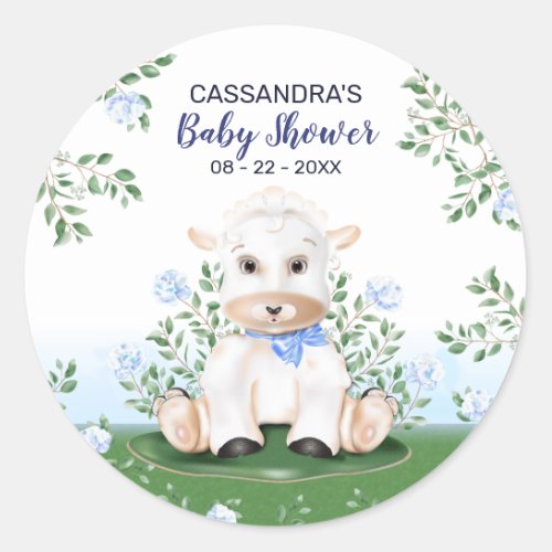 Lamb Blue Floral Boy Baby Shower Classic Round Sticker