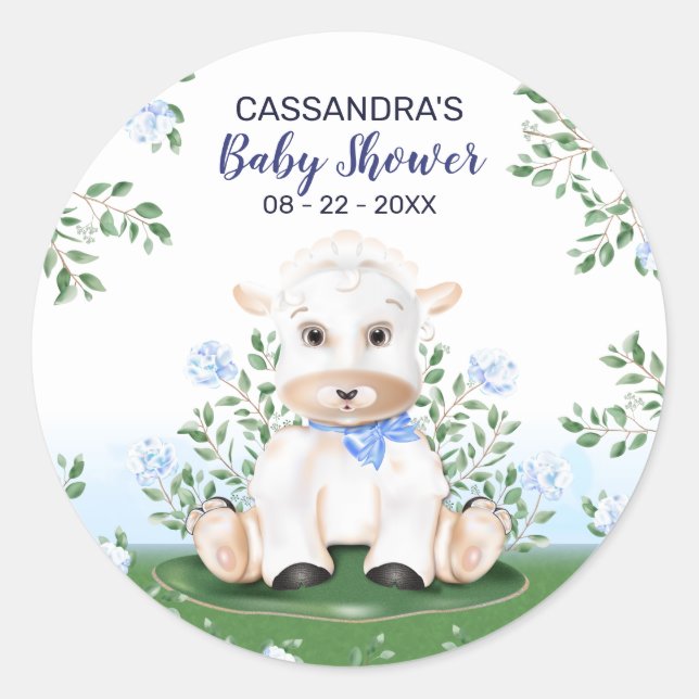 Lamb Blue Floral Boy Baby Shower Classic Round Sticker (Front)
