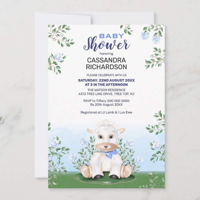 Lamb Blue Floral Boy Baby Shower Invitation (Front)