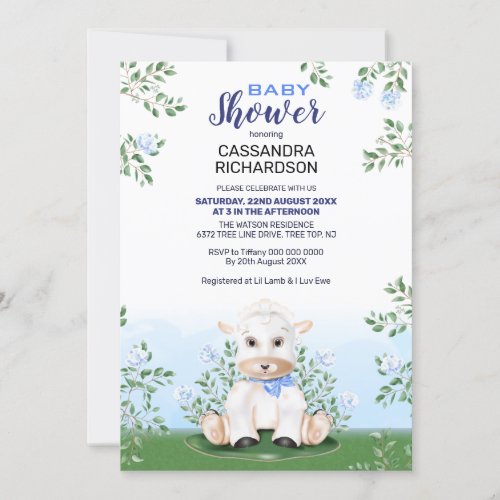 Lamb Blue Floral Boy Baby Shower Invitation