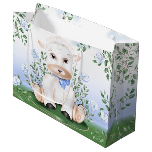 Lamb Blue Floral Boy Baby Shower Large Gift Bag