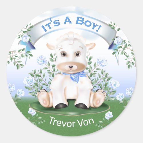 Lamb Blue Floral Its A Boy Gender Reveal Classic Round Sticker