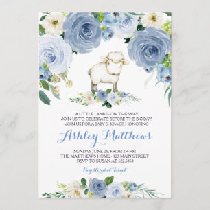 lamb blue flower baby shower invitation