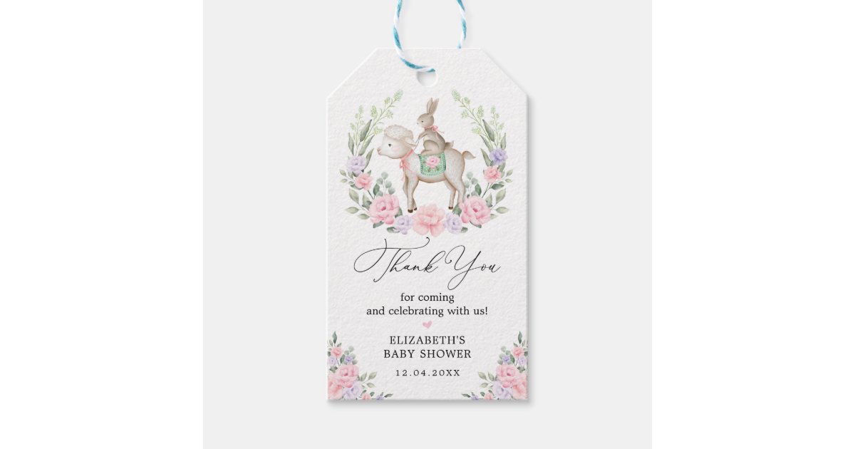 Lamb & Bunny Rabbit Pink Purple Floral Baby Shower Gift Tags | Zazzle