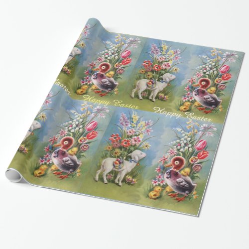 LAMB DUCKCHICKENS AND EASTER EGGS WITH FLOWERS WRAPPING PAPER