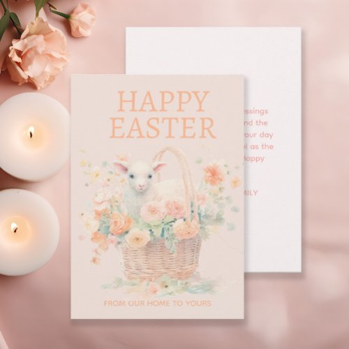 Lamb Easter Basket Peach Pink Floral Holiday Card