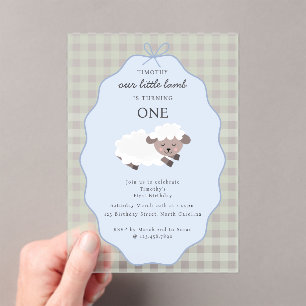 Lamb Farm Party Animals Boys 1st Birthday Blue Acrylic Invitations