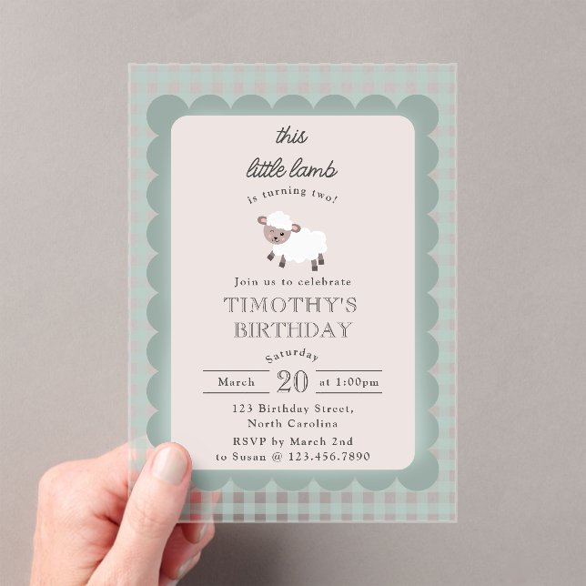 Lamb Farm Party Animals Boys Birthday Blue Acrylic Invitations (Insitu (Handheld))