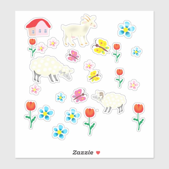 lamb flowers and house sticker (Sheet)