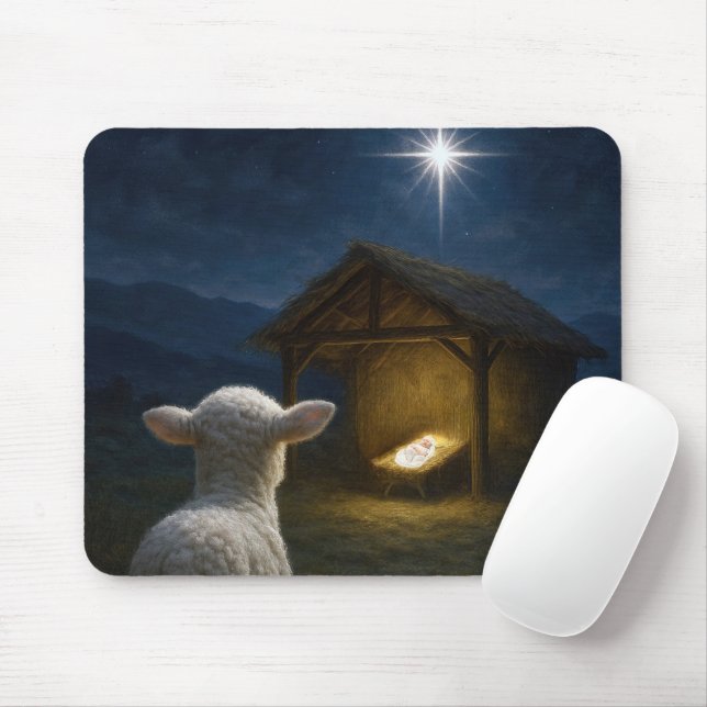 Lamb Gazing at Baby Jesus In a Manger Mouse Pad (With Mouse)