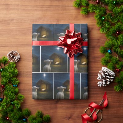 Lamb Gazing at Baby Jesus In a Manger Wrapping Paper
