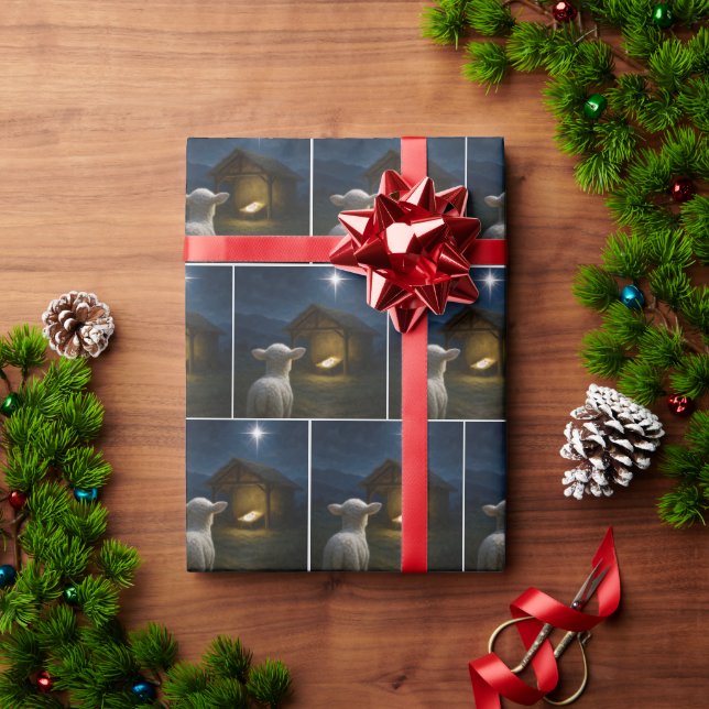 Lamb Gazing at Baby Jesus In a Manger Wrapping Paper (Holiday Gift)