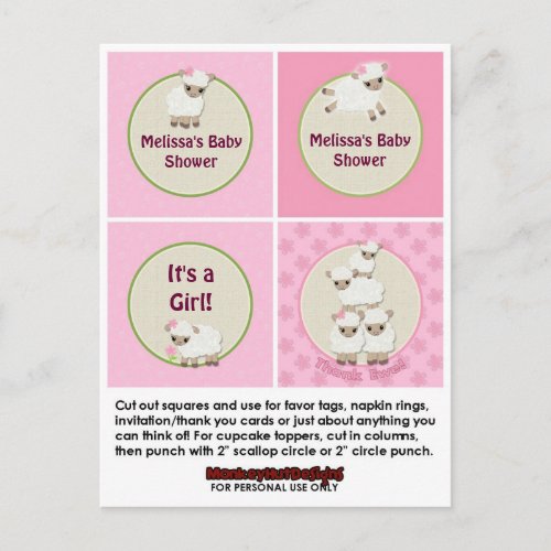 LAMB Girl Baby Shower Cupcake Topper Sweet Dreams Invitation Postcard