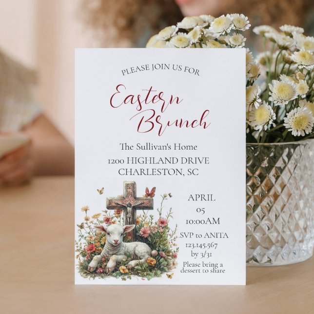 Lamb I cross flowers butterflies Easter Brunch Invitation (Creator Uploaded)