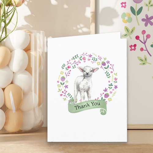Lamb in Doodle Flower Wreath Cute Thank You Card