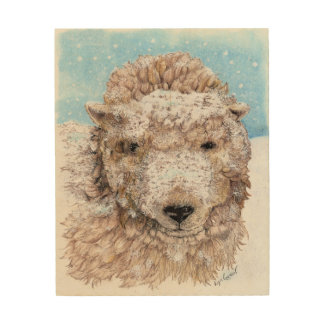 Lamb in Snow at the Farm Wood Wall Art