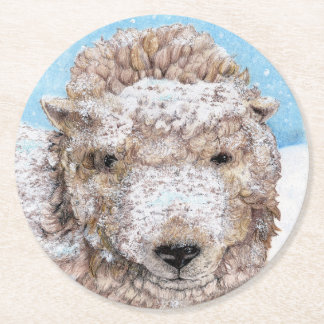 Lamb in Snow Round Paper Coaster