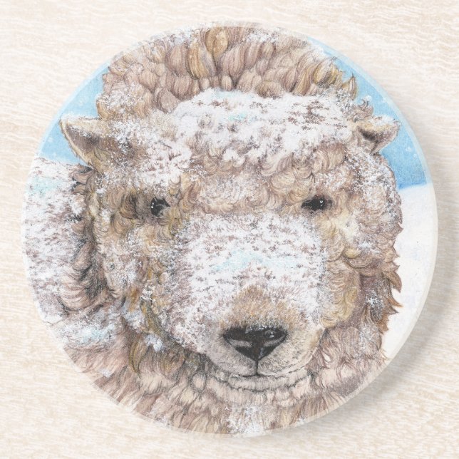 Lamb in Snow sandstone coaster (Front)