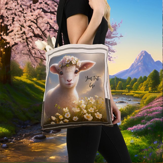 Lamb in Spring Field with Flowers Tote Bag (Creator Uploaded)