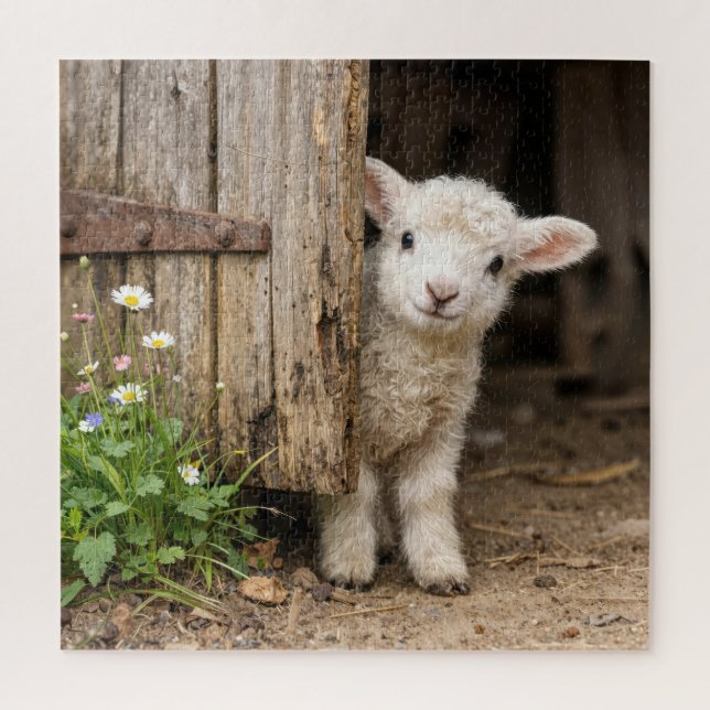 Lamb Peeking Around a Barn Door Jigsaw Puzzle (Vertical)