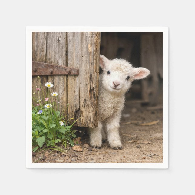 Lamb Peeking around a Barn Door Napkins (Front)