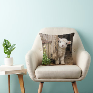 Lamb Peeking around a Barn Door Throw Pillow