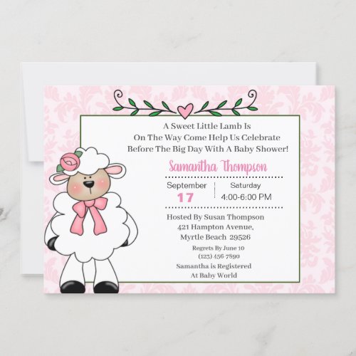 Lamb Pink Baby Shower Invitations