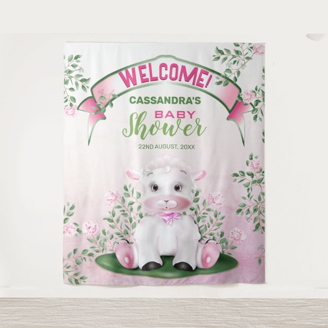 Lamb Pink Floral Baby Shower Backdrop (Front)