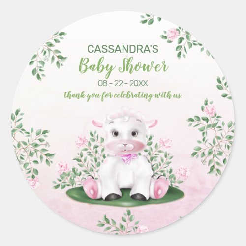 Lamb Pink Floral Baby Shower Classic Round Sticker