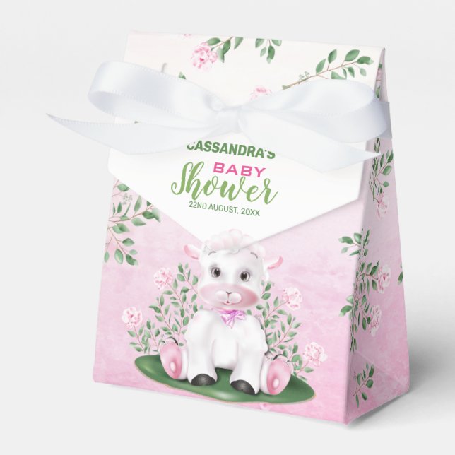 Lamb Pink Floral Baby Shower Favor Boxes (Front Side)