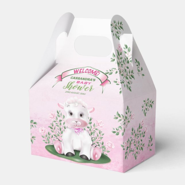 Lamb Pink Floral Baby Shower Favor Boxes (Front Side)