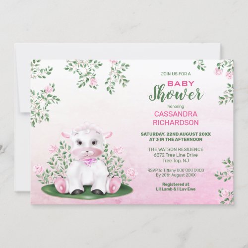 Lamb Pink Floral Baby Shower Invitation