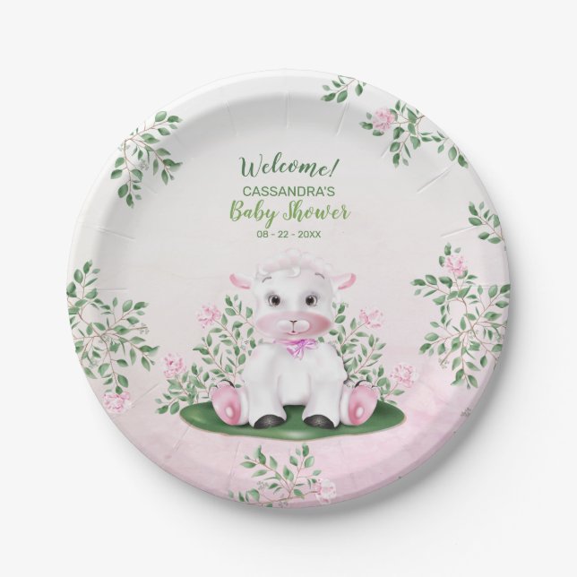Lamb Pink Floral Baby Shower Paper Plates (Front)