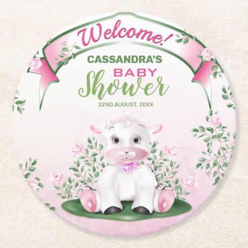 Lamb Pink Floral Baby Shower Round Paper Coaster