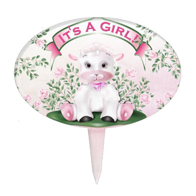 Lamb Pink Roses Baby Shower Cake Topper (Front)