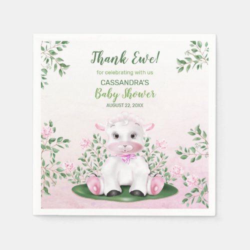 Lamb Pink Roses Floral Baby Shower Thank You Napkins