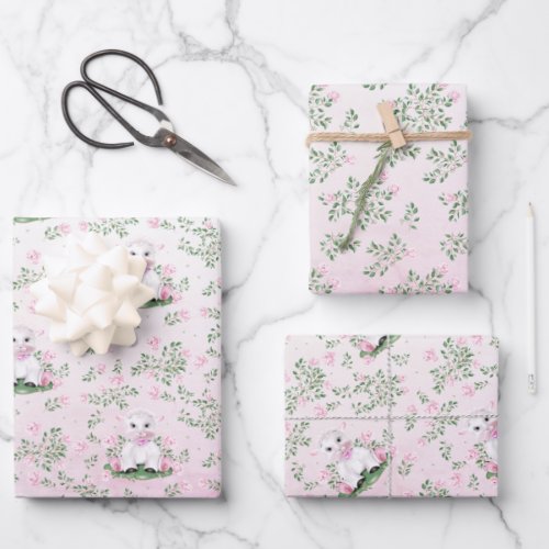 Lamb Pink Roses Floral Baby Shower Wrapping Paper