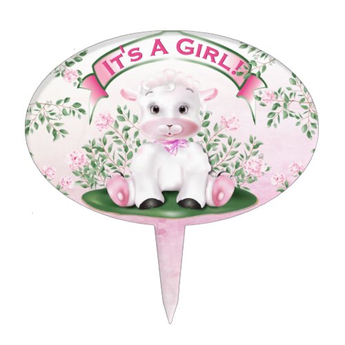 Lamb Pink Roses Floral Its A Girl Gender Reveal Cake Topper