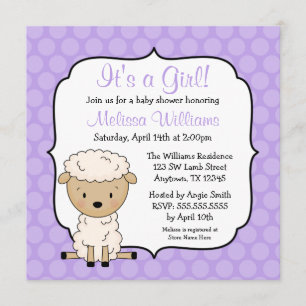 Lamb Purple Dots Girl Baby Shower Invitations