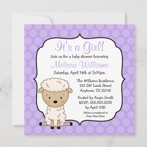 Lamb Purple Dots Girl Baby Shower Invitations