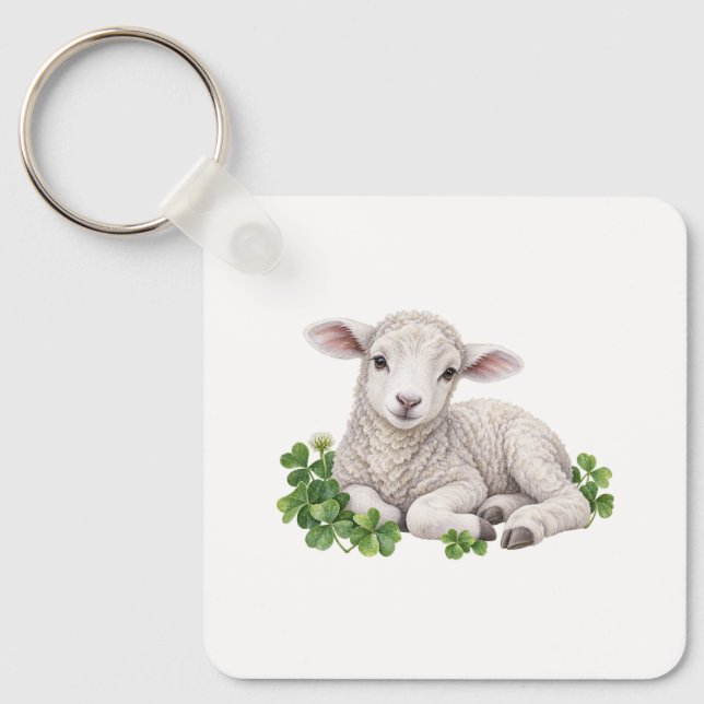 Lamb Resting in Clover Keychain (Front)