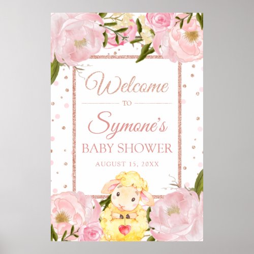 Lamb Rose Gold and Pink Peony Baby Shower Welcome Poster