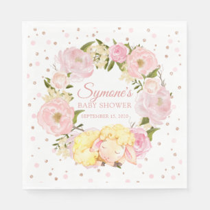 Lamb Rose Gold and Pink Peony Girl Baby Shower Napkins