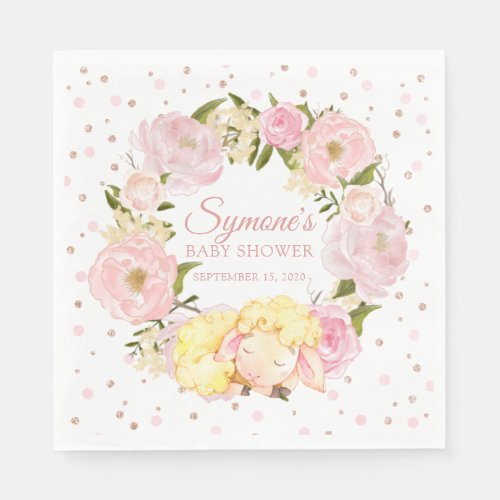 Lamb Rose Gold and Pink Peony Girl Baby Shower Napkins